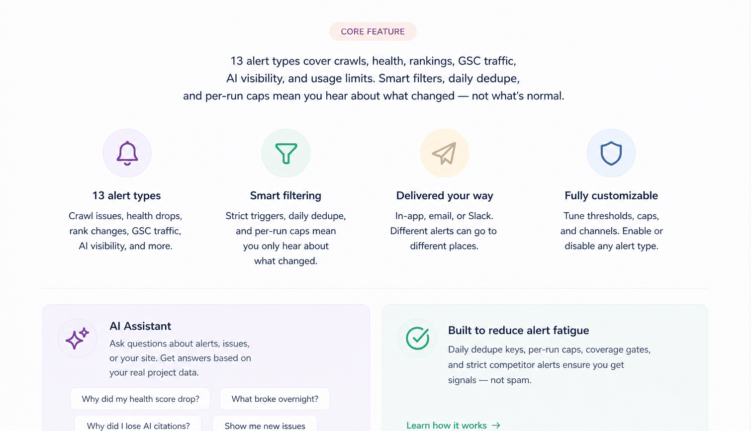 CrawlTide alerts page showing categorized alert types with thresholds, channels, and history